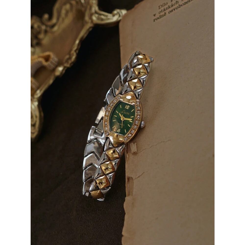 Gold and Green Vintage Style Unique Dainty Women’s Wrist Watch Trendy Cute Gift